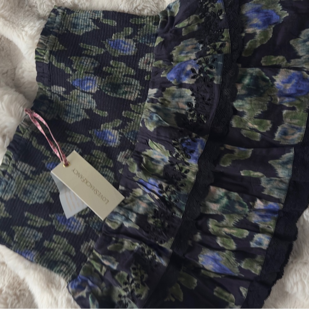 Brand new with tags LOVESHACKFANCY skirt with blue and green flowers size XL